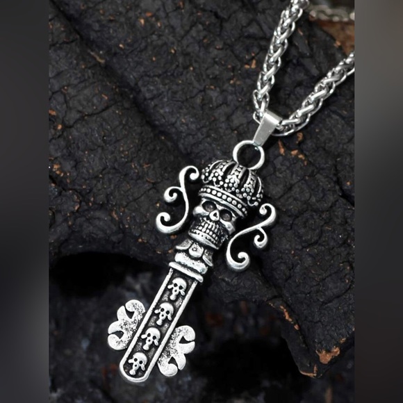 “Skeleton Key” Fancy Embellished Goth Regal Antique Silver Ornate Edgy Necklace - Picture 2 of 6